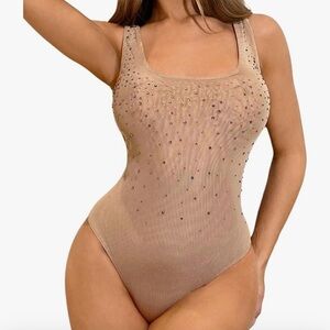 Nude crystal rhinestone bodysuit one piece romper swimsuit bodyshaper sexy club
